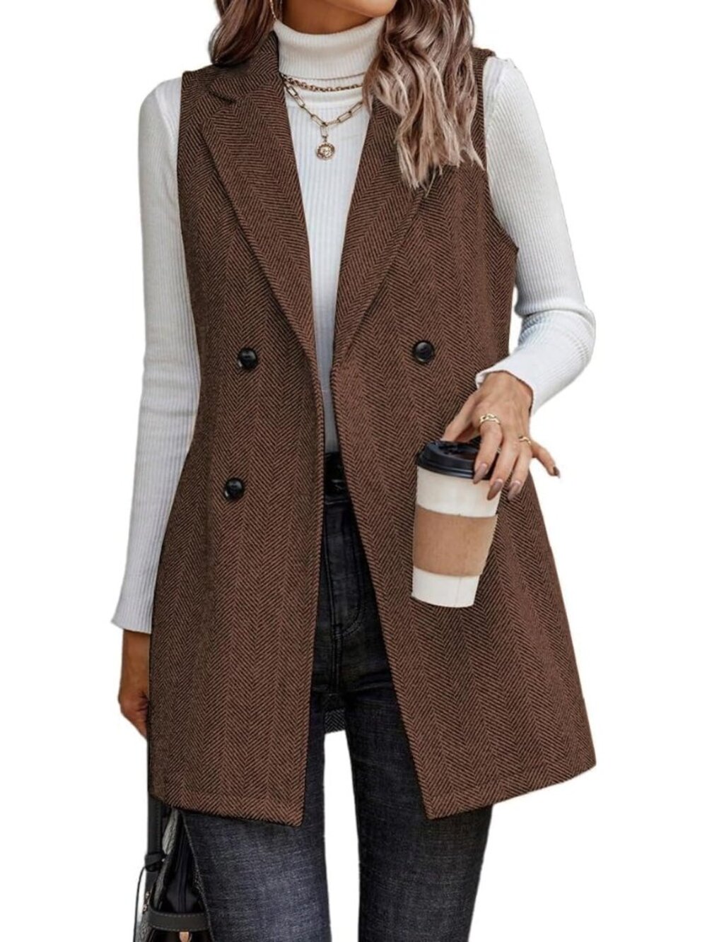 Women Brown Notch Collar Sleeveless Cardigan Outerwear Tweed Blazer Fall Jackets